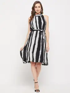 Ruhaans Black Striped Keyhole Neck Georgette A-Line Dress