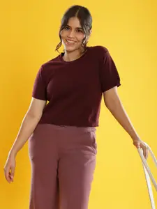 Blissclub Women Burgundy Cotton Relaxed Fit Crop Top with Short Sleeves