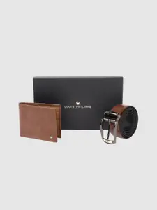 Louis Philippe Men Textured Leather Wallet & Reversible Belt Gift Set