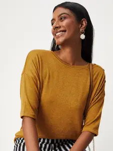 max Women Mustard Yellow Striped Drop-Shoulder Sleeves T-shirt