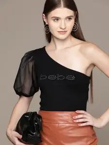 bebe Women Black Season Staples Brand Logo Embellished Ribbed Puff Sleeves Top