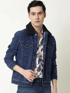RARE RABBIT Men Rubix Tailored Fit Washed Crop Denim Jacket
