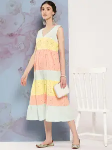 Sangria Schiffli Design Tiered Pure Cotton A-Line Midi Ethnic Dress