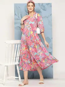 Sangria Floral Print Flounced Hem A-Line Ethnic Midi Dress