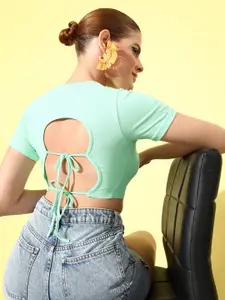 Mast & Harbour Women Mint Green Styled Back 90's Hollaback Laced up backs Crop Top