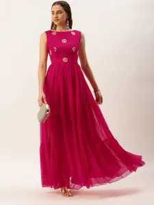 Ethnovog Pink Embellished Georgette Ethnic A-Line Maxi Dress