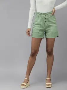 Roadster Women Green High-Rise Cotton Denim Shorts