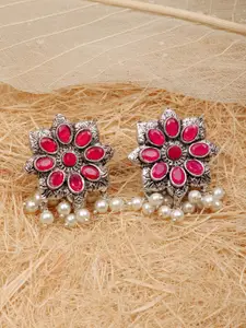 Crunchy Fashion Women Silver-Plated Oxidised Floral Studs Earrings