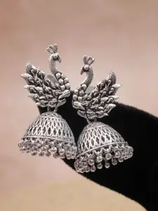 Crunchy Fashion Silver Plated Oxidized Peacock Shaped Jhumkas Earrings