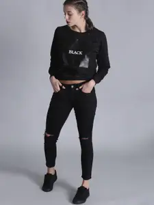 Kook N Keech Women Black Printed Crop Sweatshirt