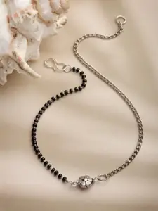 Panash Oxidised Silver-Toned Black Beads Floral Shaped Anklet
