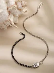 Panash Oxidised Silver-Toned Black Beads Owl Shaped Anklet