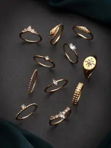VOGUE PANASH Set Of 11 Gold-Plated & AD Stone Finger Rings