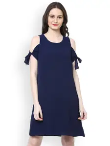 Harpa Women Navy Blue Solid A-Line Cold Shoulder Dress