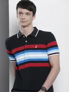Nautica Striped Polo Collar Pure Cotton T-shirt