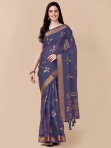 Mitera Navy Blue & Gold-Toned Floral Pure Silk Saree