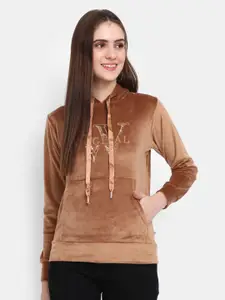 V-Mart Women Embroidered Cotton Hooded Sweatshirt
