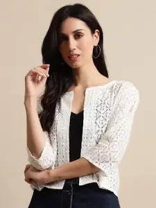 UnaOne Women Cotton Self Design Open Front Shrug