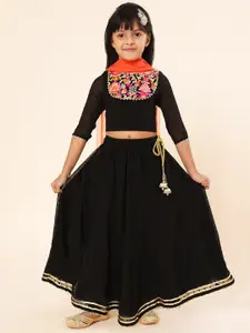 A.T.U.N. A T U N Girls Black & Orange Embroidered Ready to Wear Lehenga & Blouse With Dupatta