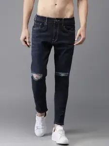 Moda Rapido Men Blue Slim Fit Cropped Mid-Rise Slash Knee Stretchable Jeans