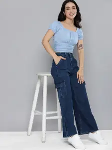 Mast & Harbour Women Wide Leg Mid-Rise Cargo-Styled Stretchable Jeans