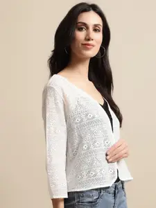 UnaOne Women Self Design Cotton Open Front Shrug