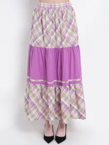 Purple State Checked Pure Cotton Maxi Flared Skirt