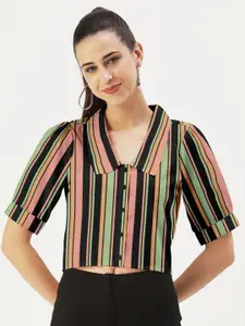 DressBerry Striped Crepe Shirt Style Crop Top