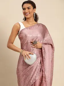 kasee Embroidered Striped Sequinned Satin Saree