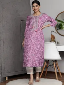 Varanga Women Purple Bandhani Gota & Mirror Work Embroidered Tie-Up Neck  Cotton Kurta