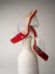 Shoetopia Red & Transparent Colourblocked Block Heels