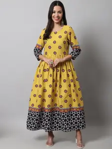 KALINI Mustard Yellow Ethnic Motifs Maxi Dress