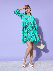 Dressberry Sea Green Floral Puff Sleeve Tiered Vacay Chill Sundress A-Line Dress