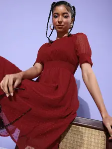 Dressberry Dobby Puff Sleeves Fit & Flare Dress With Smocked Detail