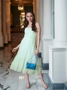 4WRD by Dressberry Mint Green Self Design Sleeveless Laced up backs Empire Midi Dress
