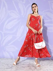 Dressberry Blood Red & Green Floral Print Smocked Sundress Maxi Dress