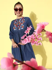 4WRD by Dressberry Floral Embroidered Tie-Up Neck Denim Pure Cotton A-Line Mini Dress