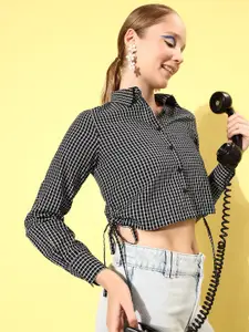 DressBerry Jet Black Hollaback Cutout Course Checked Cotton Shirt Style Crop Top