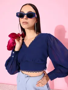 DressBerry Dark Blue Bishop Sleeves Romance Ramble-Soulful Blooms Crop Top