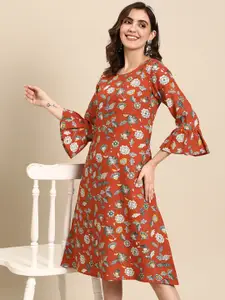 Sangria Floral Printed Bell Sleeves A-line Dress