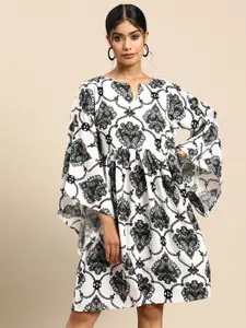 Sangria Printed Flared Sleeves A-Line Pleated Dress