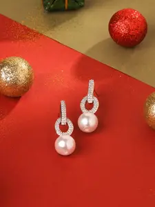 Yellow Chimes Rhodium-Plated American Diamond White Pearl Drop Earrings