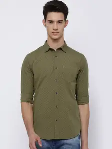 LOCOMOTIVE Men Olive Green Printed Slim Fit Solid Casual Shirt