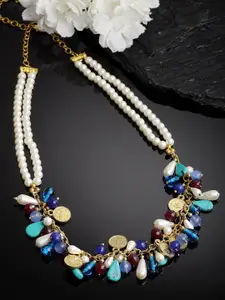 DUGRISTYLE Gold-Plated Layered Necklace With Pearls & Natural Stones