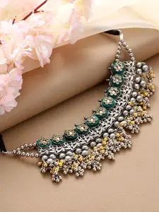 Jazz and Sizzle Green & Silver-Toned German Silver Silver-Plated Oxidised Necklace