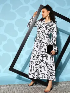 Berrylush White & Black Crepe Shirt Maxi Dress With Belt