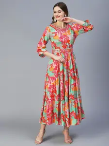 FASHOR Floral Printed Belted Fit & Flare Dress