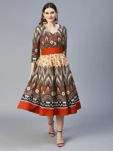 FASHOR Ethnic Printed Midi Fit & Flare Cotton Dress