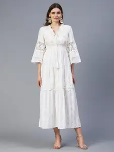 FASHOR White Floral Embroidered Tie-Up Neck A-Line Cotton Dress