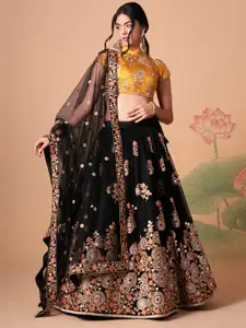 FABPIXEL Embroidered Mirror Work Semi-Stitched Lehenga & Unstitched Blouse With Dupatta